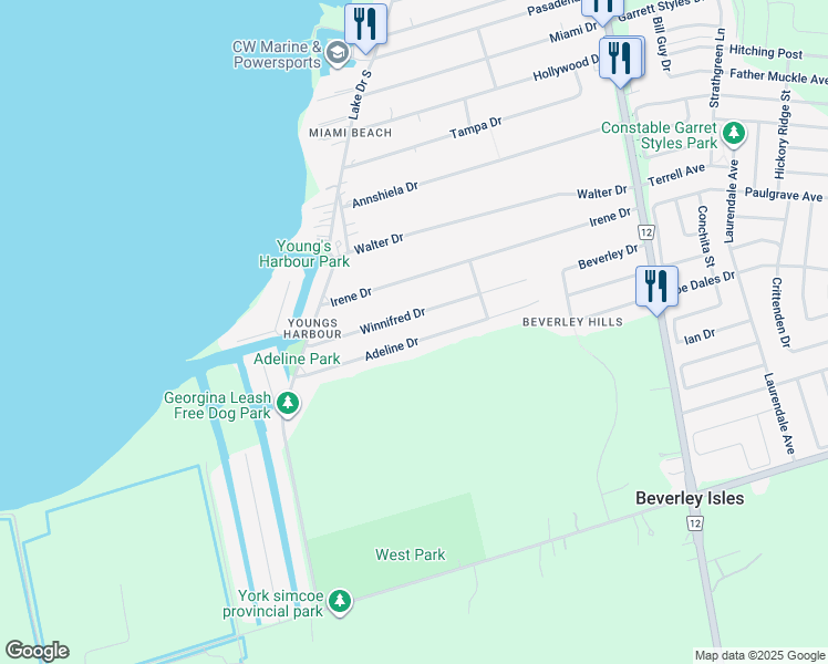 map of restaurants, bars, coffee shops, grocery stores, and more near 370 Adeline Drive in Georgina