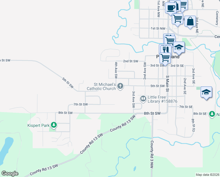 map of restaurants, bars, coffee shops, grocery stores, and more near 507 5th Street Southwest in Pine Island