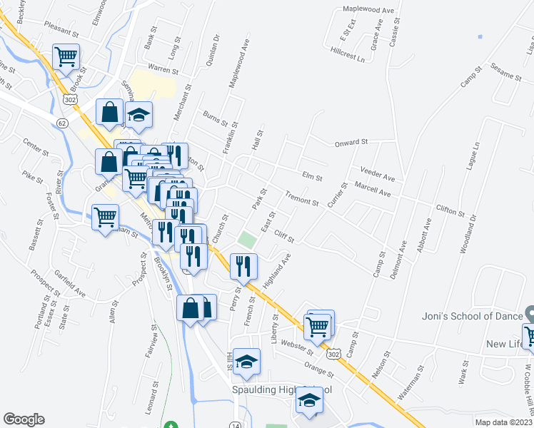 map of restaurants, bars, coffee shops, grocery stores, and more near 28 East Street in Barre