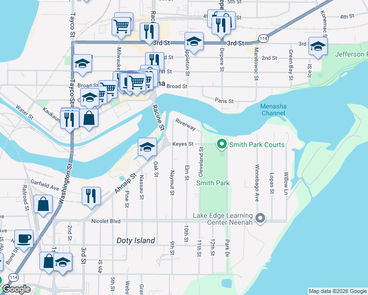 map of restaurants, bars, coffee shops, grocery stores, and more near 310 Elm Street in Menasha