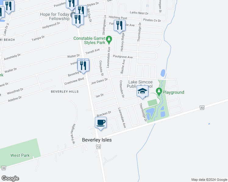 map of restaurants, bars, coffee shops, grocery stores, and more near Laurendale Avenue in Georgina