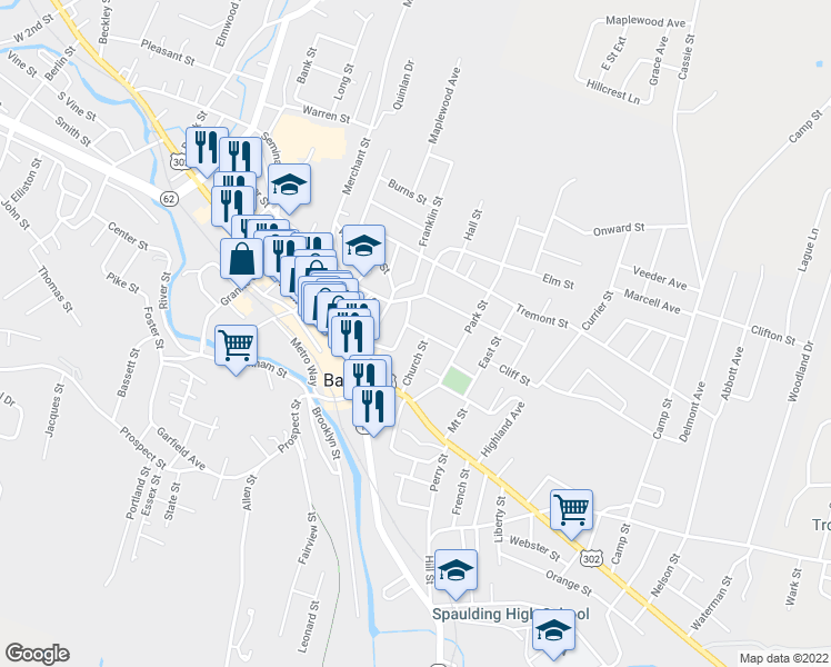 map of restaurants, bars, coffee shops, grocery stores, and more near 65 Elm Street in Barre