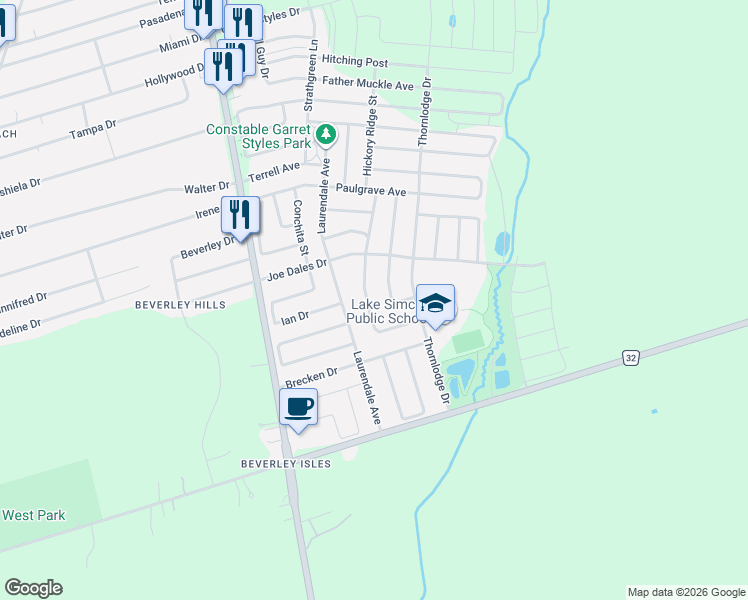 map of restaurants, bars, coffee shops, grocery stores, and more near 20 Crittenden Drive in Georgina
