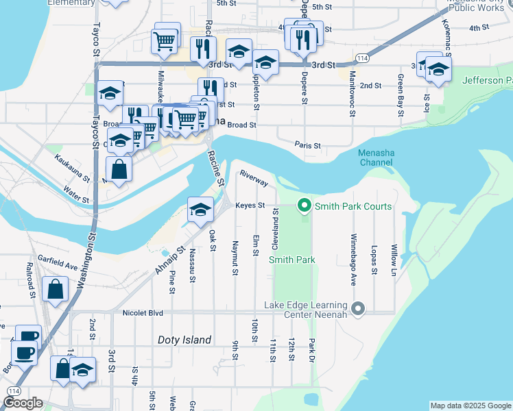 map of restaurants, bars, coffee shops, grocery stores, and more near 601 Keyes Street in Menasha