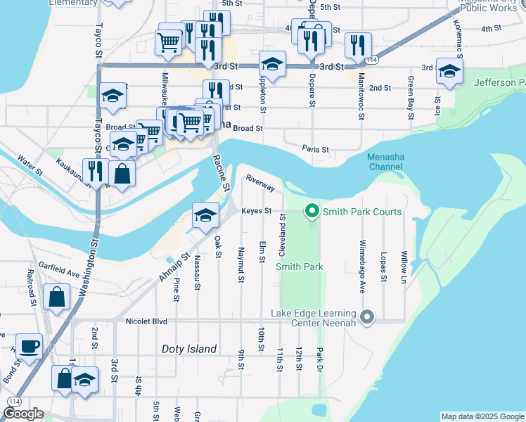 map of restaurants, bars, coffee shops, grocery stores, and more near 601 Keyes Street in Menasha