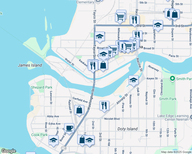 map of restaurants, bars, coffee shops, grocery stores, and more near 408 Water Street in Menasha