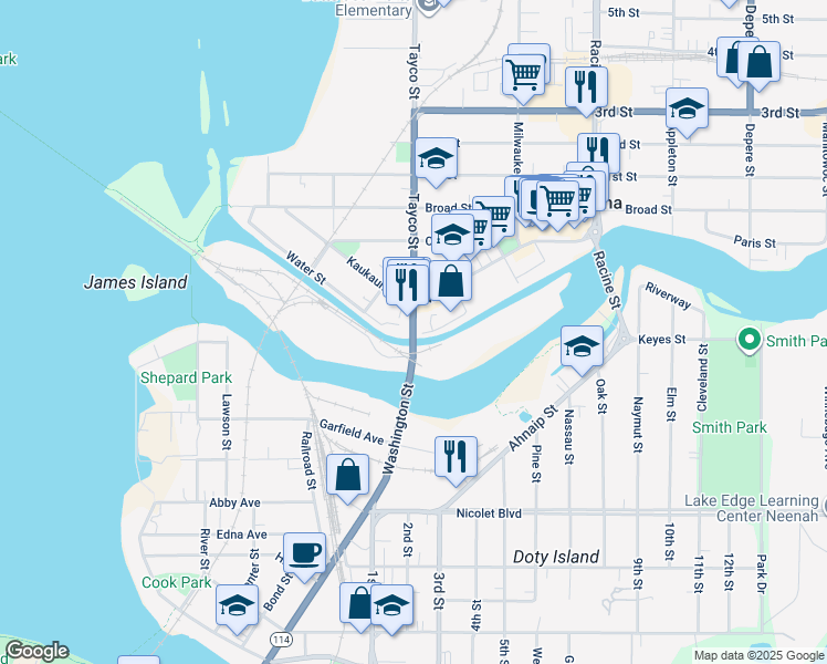 map of restaurants, bars, coffee shops, grocery stores, and more near 408 Water Street in Menasha