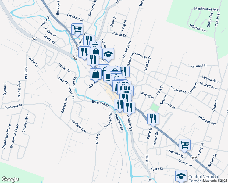 map of restaurants, bars, coffee shops, grocery stores, and more near 1 Depot Square in Barre