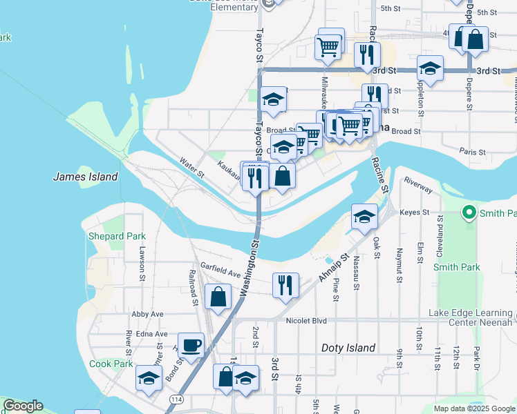 map of restaurants, bars, coffee shops, grocery stores, and more near 2 Tayco Street in Menasha