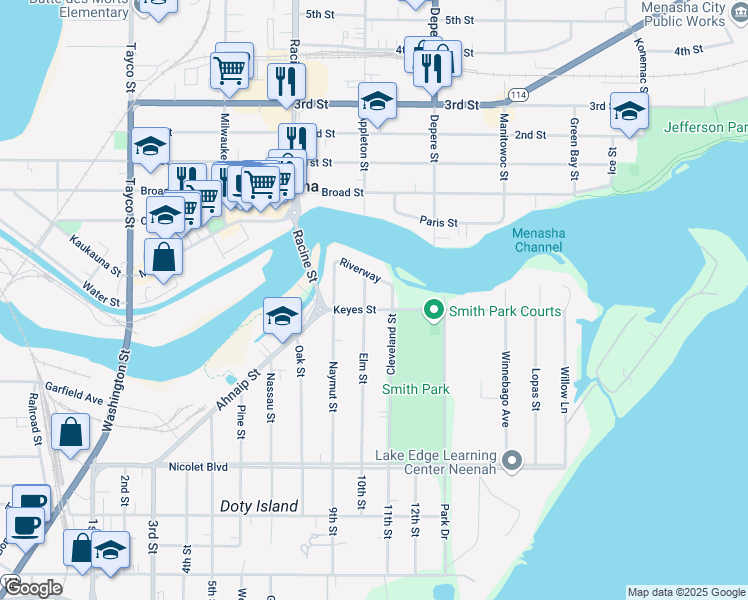 map of restaurants, bars, coffee shops, grocery stores, and more near 213 Elm Street in Menasha