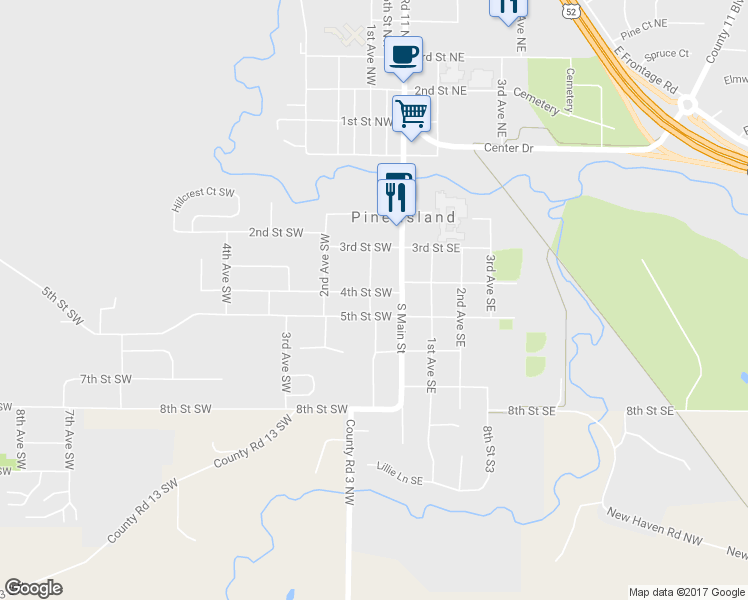 map of restaurants, bars, coffee shops, grocery stores, and more near 113 4th Street Southwest in Pine Island