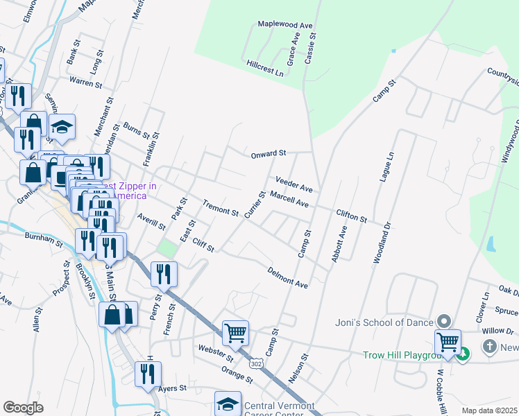 map of restaurants, bars, coffee shops, grocery stores, and more near 95 Currier Street in Barre