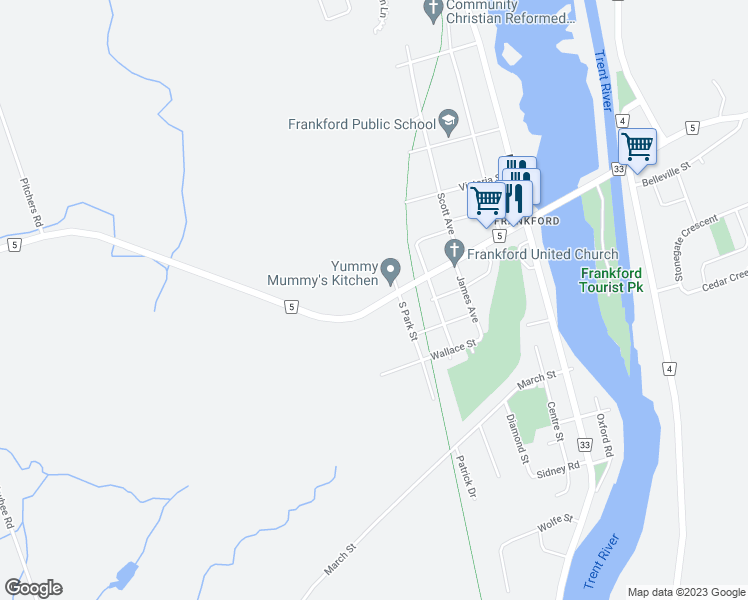 map of restaurants, bars, coffee shops, grocery stores, and more near 114 Mill Street in Quinte West