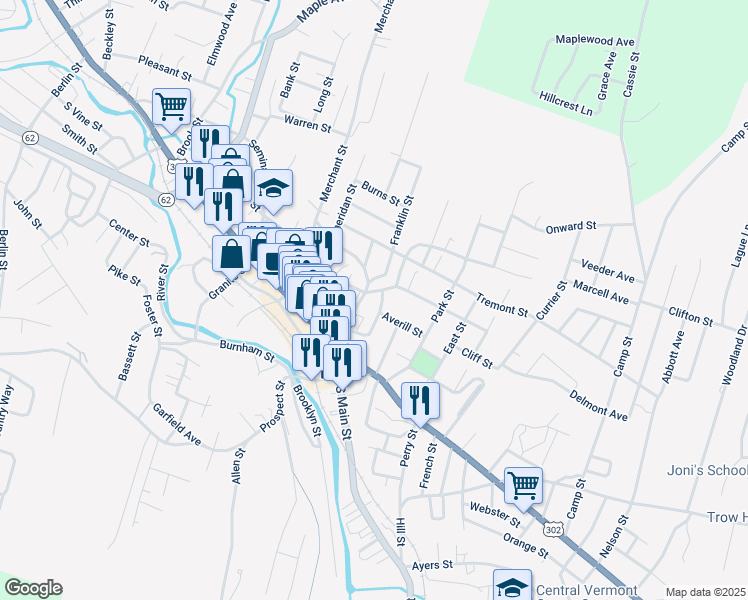 map of restaurants, bars, coffee shops, grocery stores, and more near 65 Elm Street in Barre