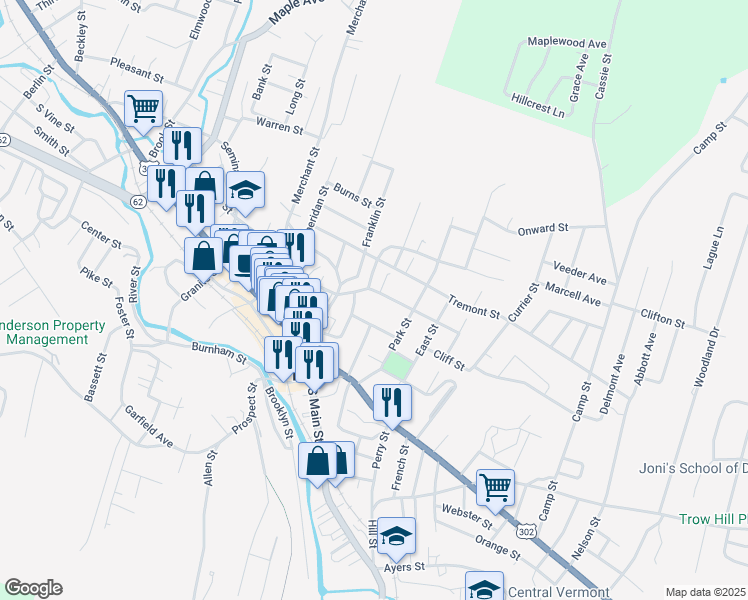 map of restaurants, bars, coffee shops, grocery stores, and more near 9 Eastern Avenue in Barre
