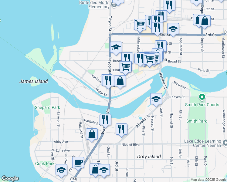 map of restaurants, bars, coffee shops, grocery stores, and more near 2-98 Center St in Menasha