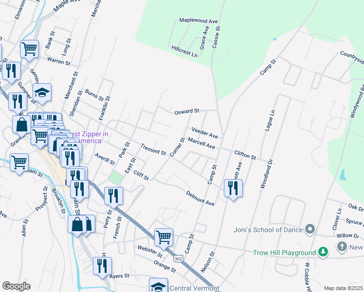 map of restaurants, bars, coffee shops, grocery stores, and more near 95 Currier Street in Barre