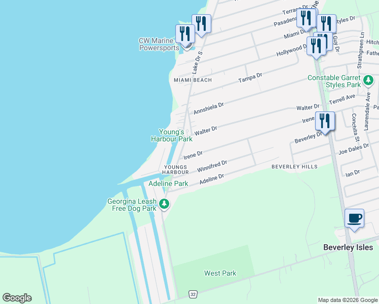map of restaurants, bars, coffee shops, grocery stores, and more near 386 Irene Drive in Georgina