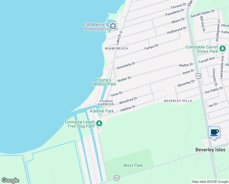 map of restaurants, bars, coffee shops, grocery stores, and more near 386 Irene Drive in Georgina