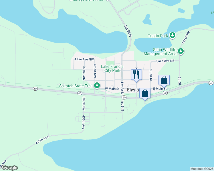 map of restaurants, bars, coffee shops, grocery stores, and more near 210 West Main Street in Elysian