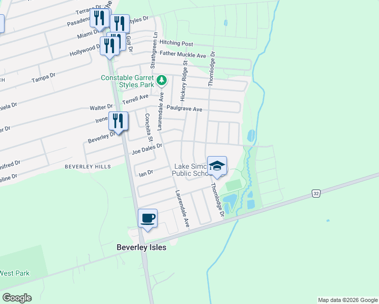 map of restaurants, bars, coffee shops, grocery stores, and more near 17 Hirst Avenue in Georgina