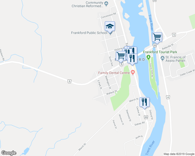 map of restaurants, bars, coffee shops, grocery stores, and more near 1 South Park Street in Quinte West