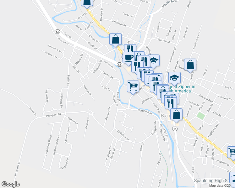 map of restaurants, bars, coffee shops, grocery stores, and more near 121 River Street in Barre