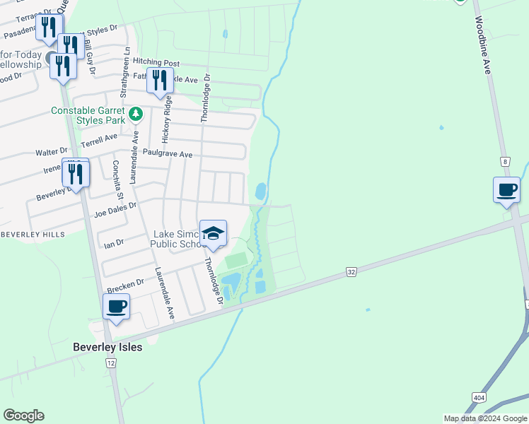 map of restaurants, bars, coffee shops, grocery stores, and more near 127 Joe Dales Drive in Georgina