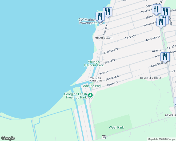 map of restaurants, bars, coffee shops, grocery stores, and more near in Georgina