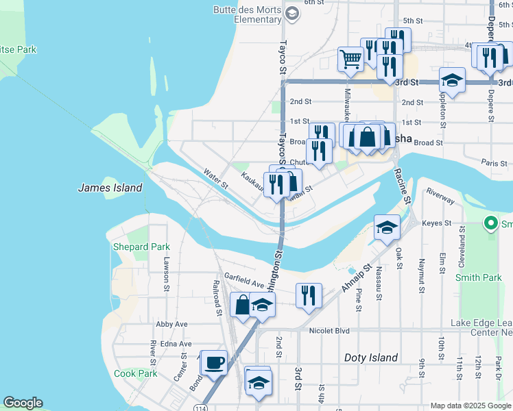 map of restaurants, bars, coffee shops, grocery stores, and more near 11 High Street in Menasha