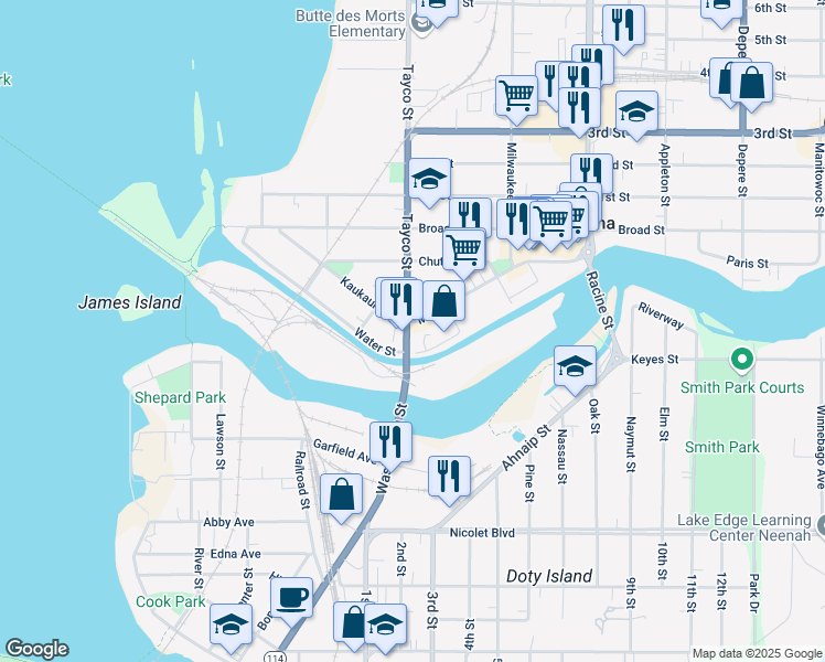 map of restaurants, bars, coffee shops, grocery stores, and more near 1 Main Street in Menasha