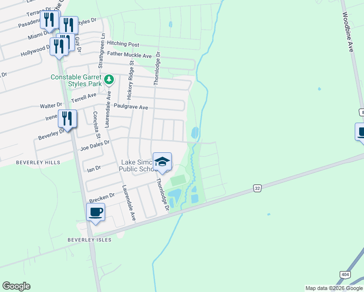 map of restaurants, bars, coffee shops, grocery stores, and more near 111 Joe Dales Drive in Georgina