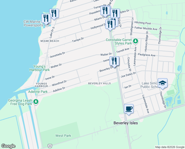 map of restaurants, bars, coffee shops, grocery stores, and more near 313 Winnifred Drive in Georgina