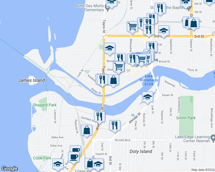 map of restaurants, bars, coffee shops, grocery stores, and more near 9 Main Street in Menasha