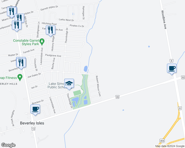 map of restaurants, bars, coffee shops, grocery stores, and more near 147 Joe Dales Drive in Georgina