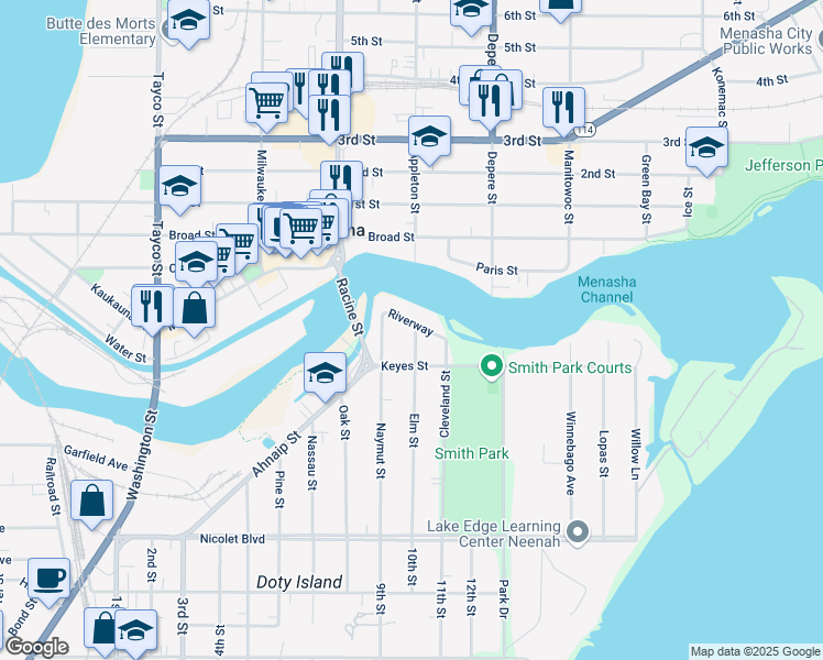 map of restaurants, bars, coffee shops, grocery stores, and more near 213 Elm Street in Menasha