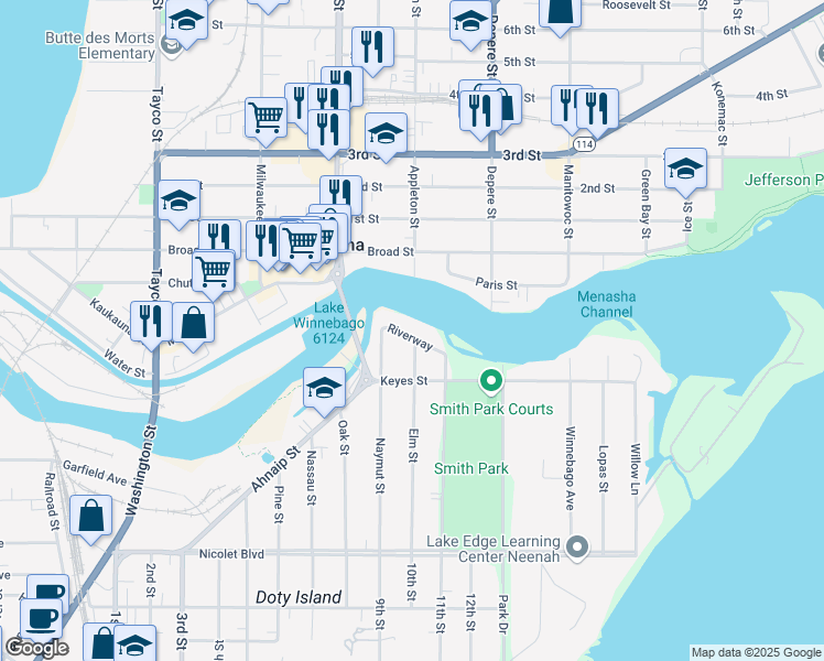 map of restaurants, bars, coffee shops, grocery stores, and more near 552 Riverway in Menasha