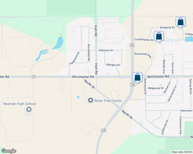 map of restaurants, bars, coffee shops, grocery stores, and more near Winchester Rd & Irish Rd in Neenah