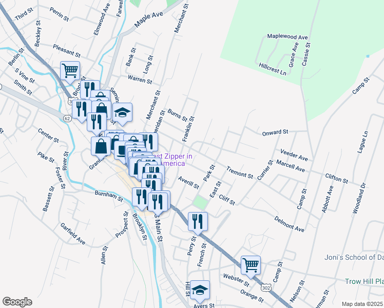 map of restaurants, bars, coffee shops, grocery stores, and more near 115 Elm Street in Barre