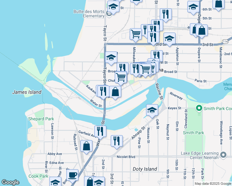 map of restaurants, bars, coffee shops, grocery stores, and more near 2 Center Street in Menasha