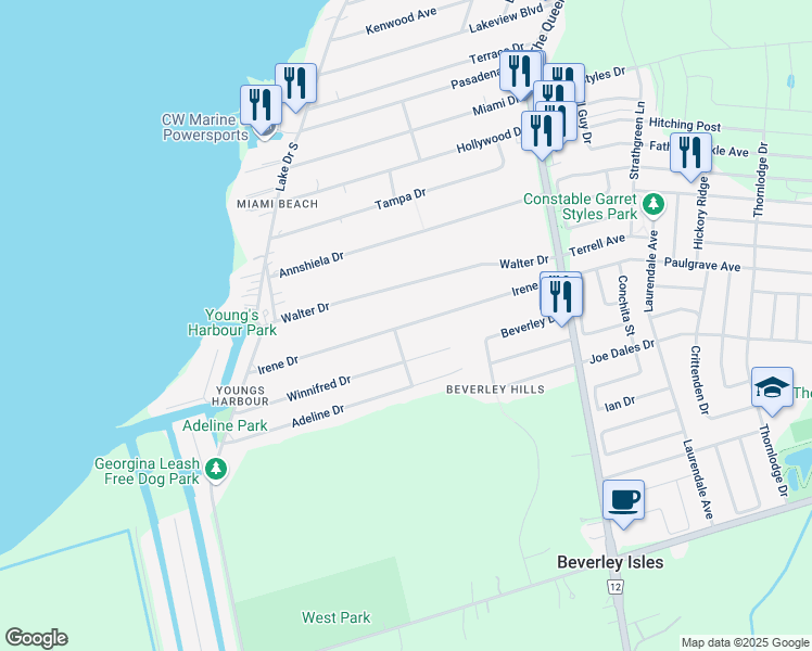 map of restaurants, bars, coffee shops, grocery stores, and more near Irene Drive in Georgina