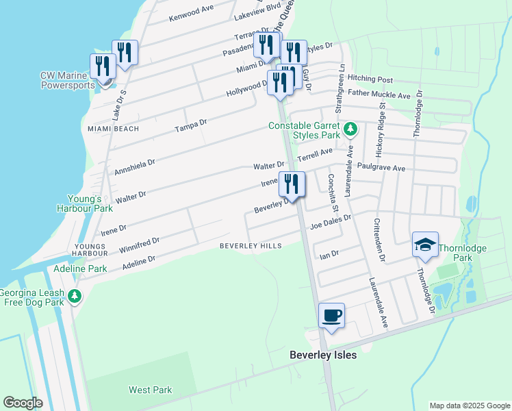 map of restaurants, bars, coffee shops, grocery stores, and more near 288 Beverley Drive in Georgina
