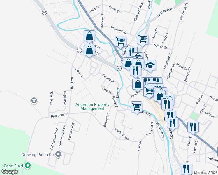 map of restaurants, bars, coffee shops, grocery stores, and more near 7 George Street in Barre