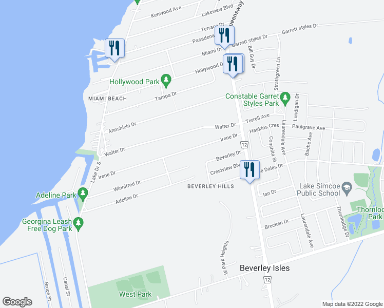 map of restaurants, bars, coffee shops, grocery stores, and more near 309 Irene Drive in Georgina