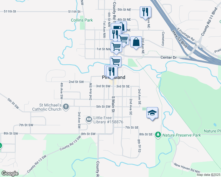 map of restaurants, bars, coffee shops, grocery stores, and more near 304 South Main Street in Pine Island