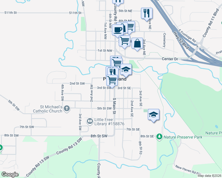 map of restaurants, bars, coffee shops, grocery stores, and more near 112 3rd Street Southwest in Pine Island