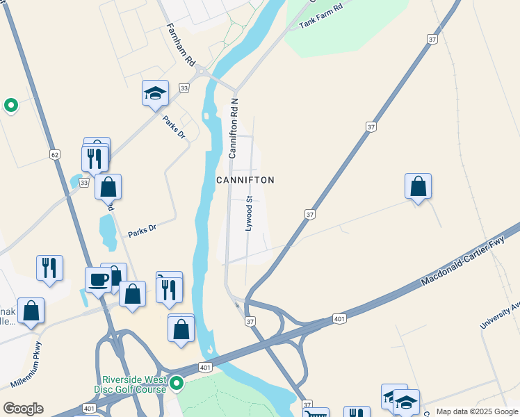 map of restaurants, bars, coffee shops, grocery stores, and more near 14 Latchford Street in Belleville