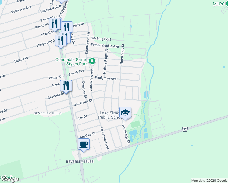 map of restaurants, bars, coffee shops, grocery stores, and more near 11 Fred Mason Street in Georgina