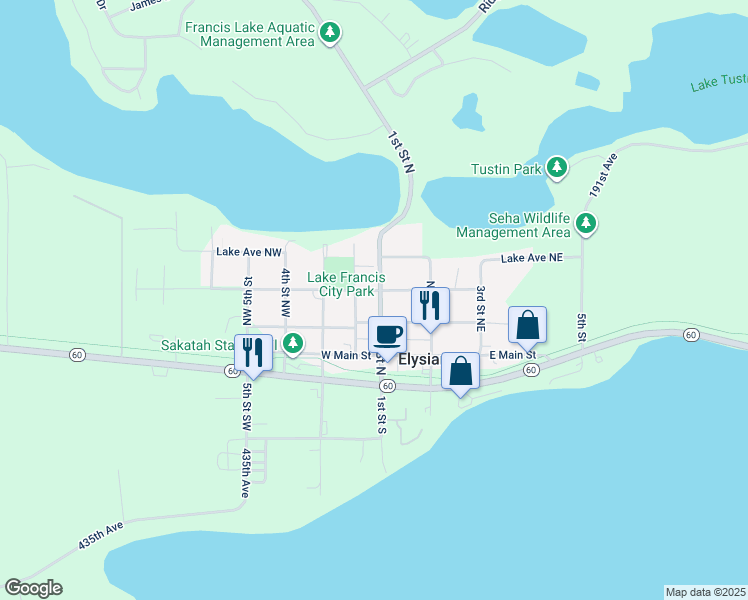 map of restaurants, bars, coffee shops, grocery stores, and more near 203 1st Street North in Elysian