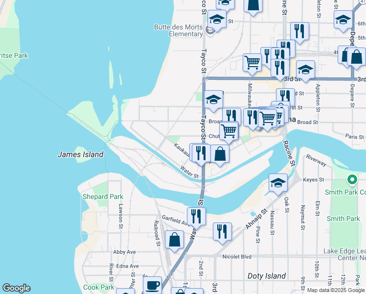 map of restaurants, bars, coffee shops, grocery stores, and more near 228 Kaukauna Street in Menasha